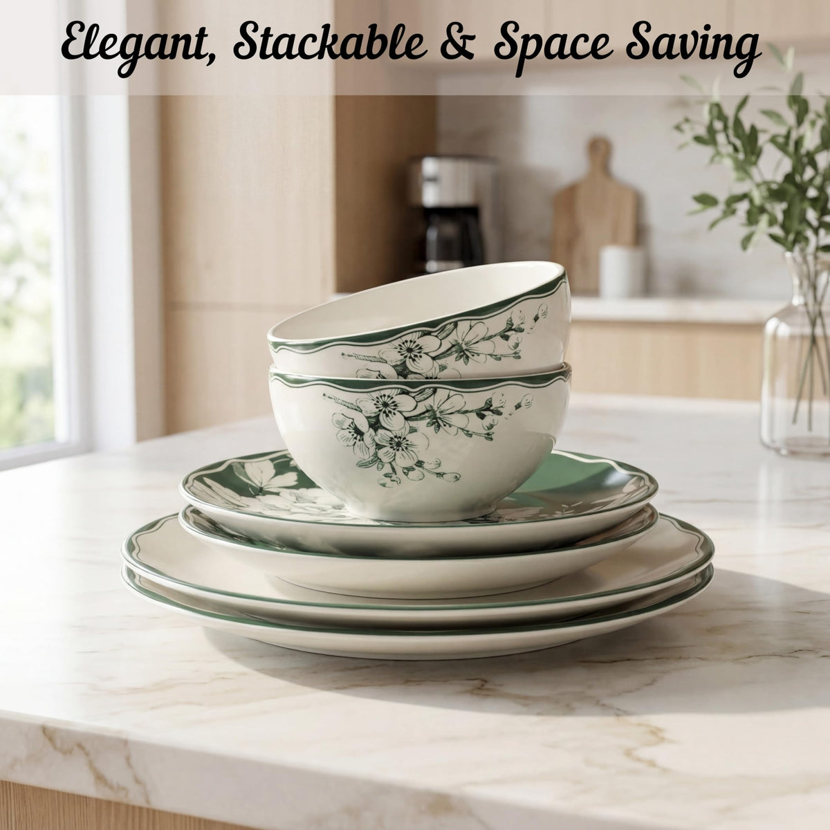 12-Piece Porcelain Dinnerware Set for 4, White & Sage Green Plates and Bowls Set P8416