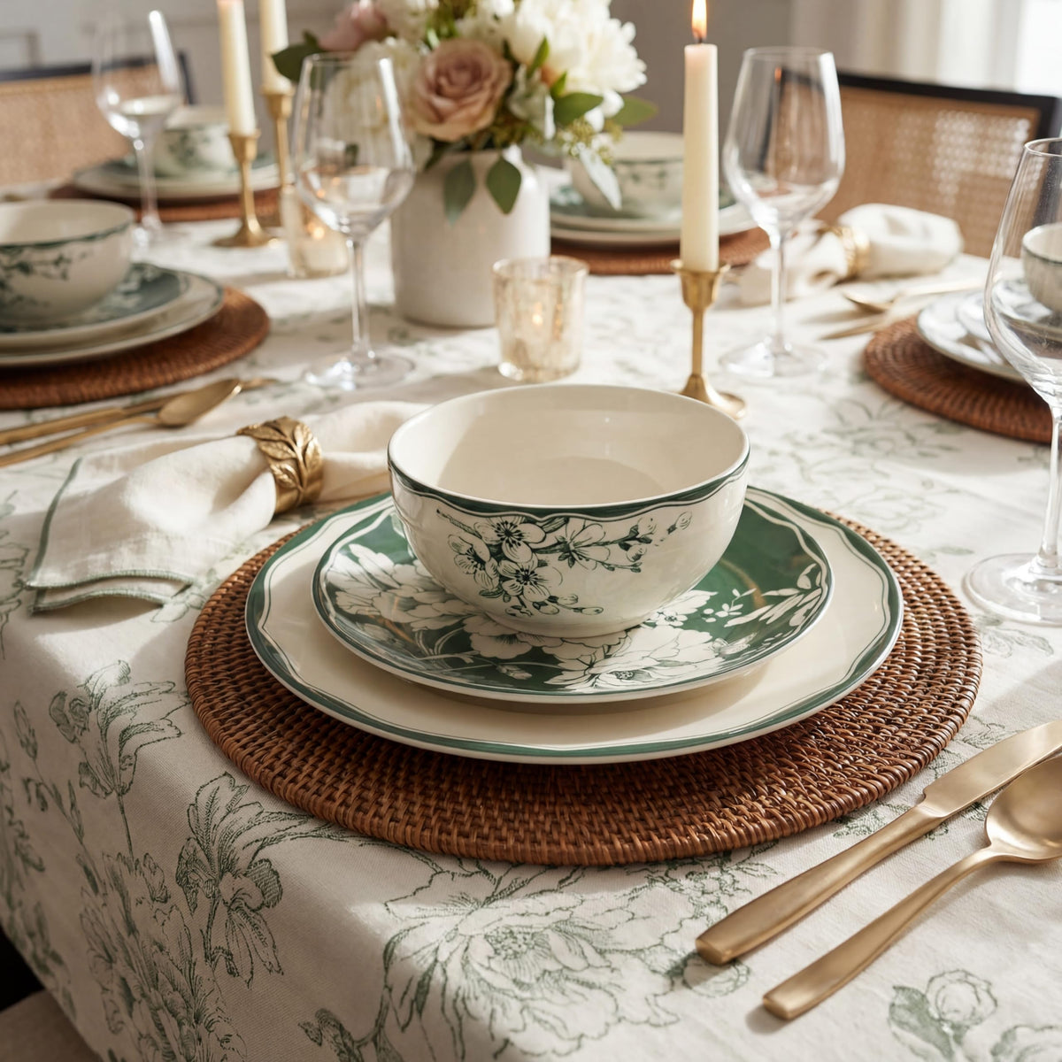 12-Piece Porcelain Dinnerware Set for 4, White & Sage Green Plates and Bowls Set P8416