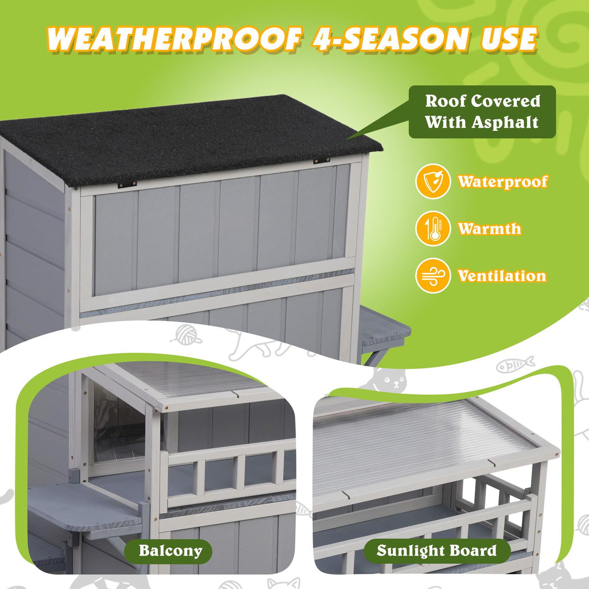 2-Tier Weatherproof Wooden Outdoor Cat House O88818