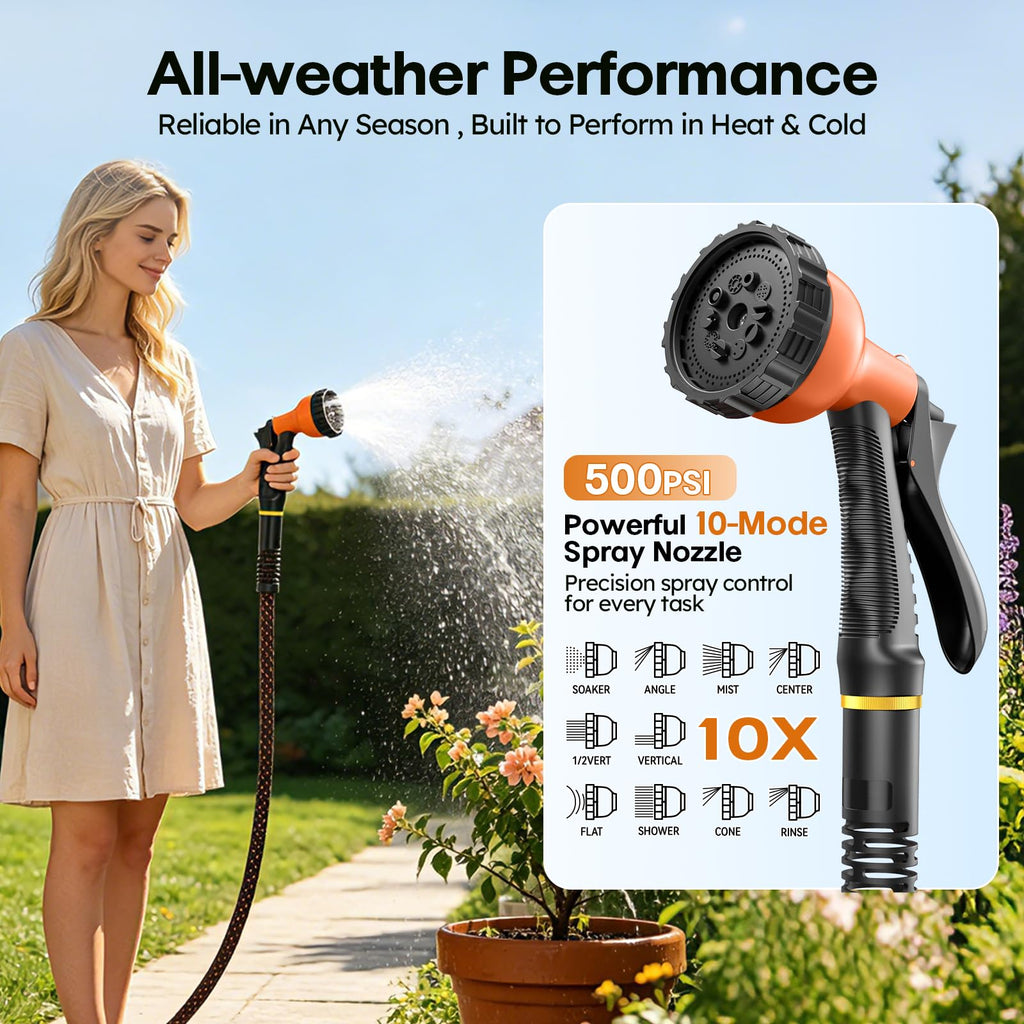 3/4" Flexible Non-Expandable Garden Hose with 10 Function Nozzle, 100ft O786