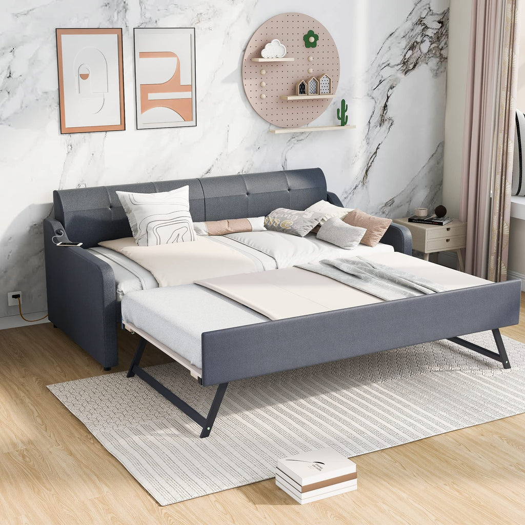 Twin Upholstered Linen Daybed with Pop Up Trundle B180943