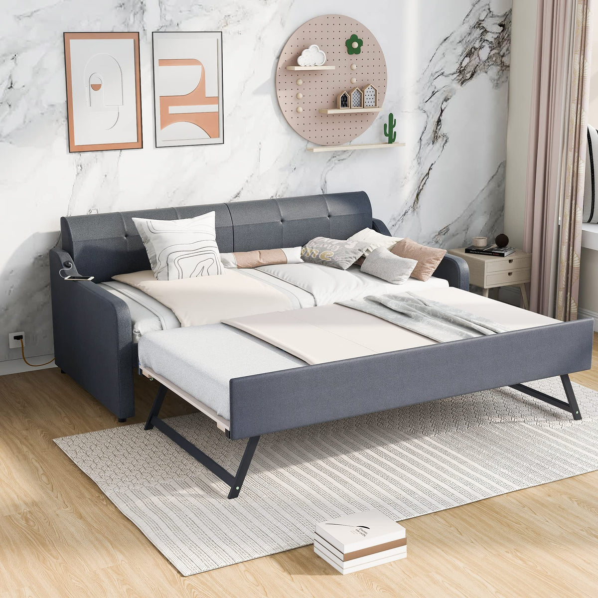 Twin Upholstered Linen Daybed with Pop Up Trundle B180943