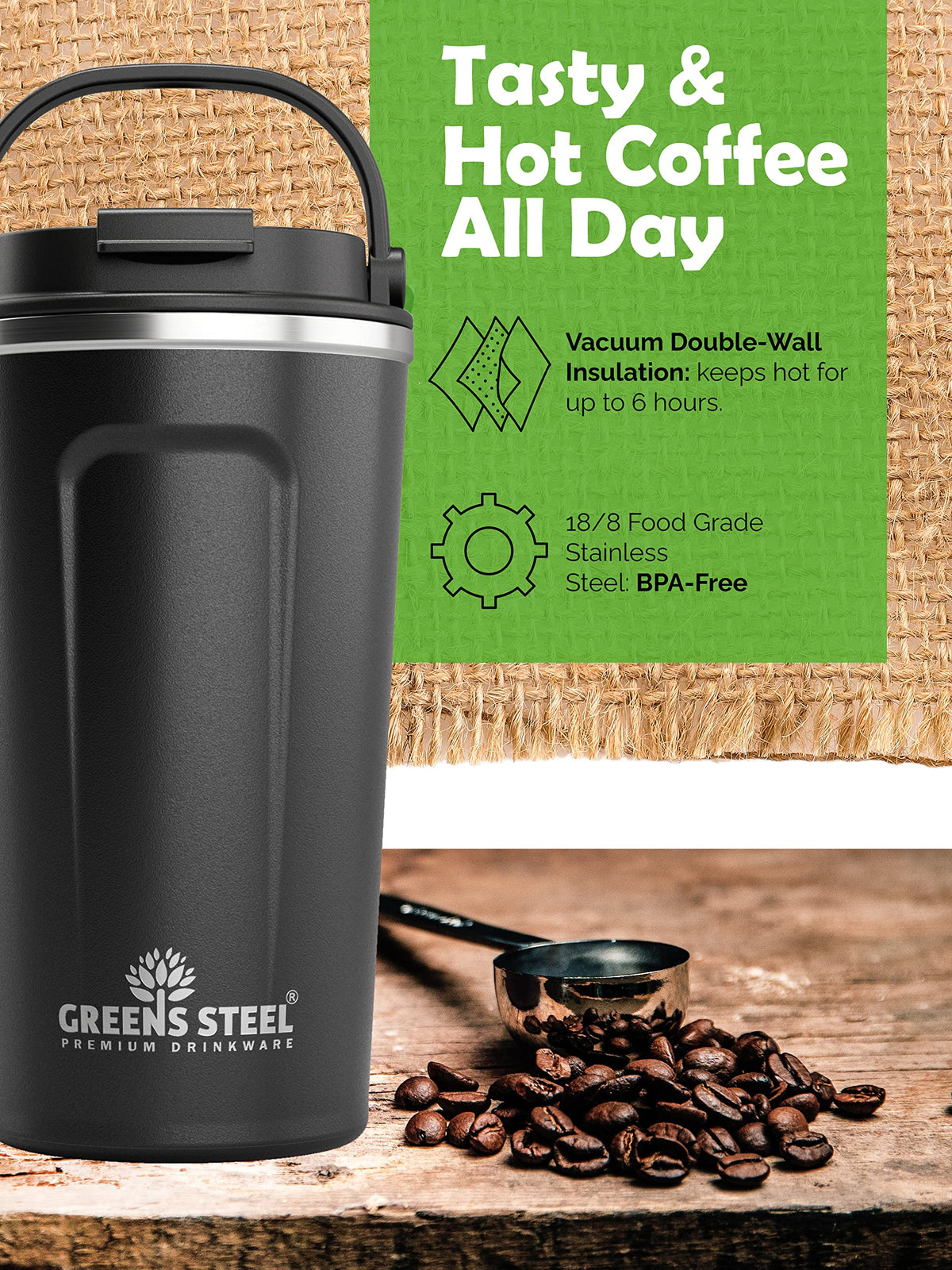 16 oz Black Stainless Steel Insulated Coffee Cup with Lid and Handle D765020