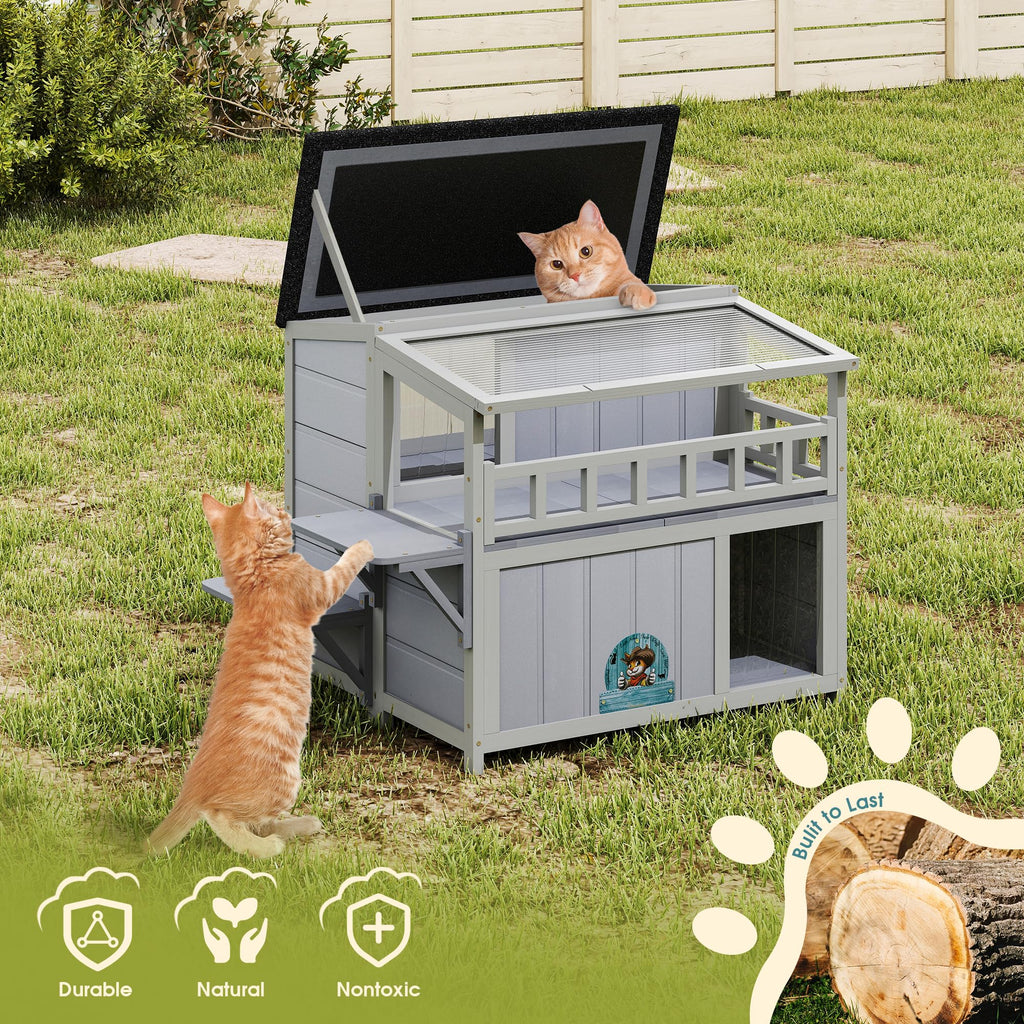 2-Tier Weatherproof Wooden Outdoor Cat House O88818