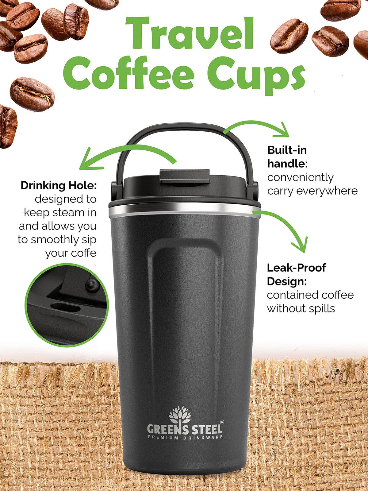 16 oz Black Stainless Steel Insulated Coffee Cup with Lid and Handle D765020