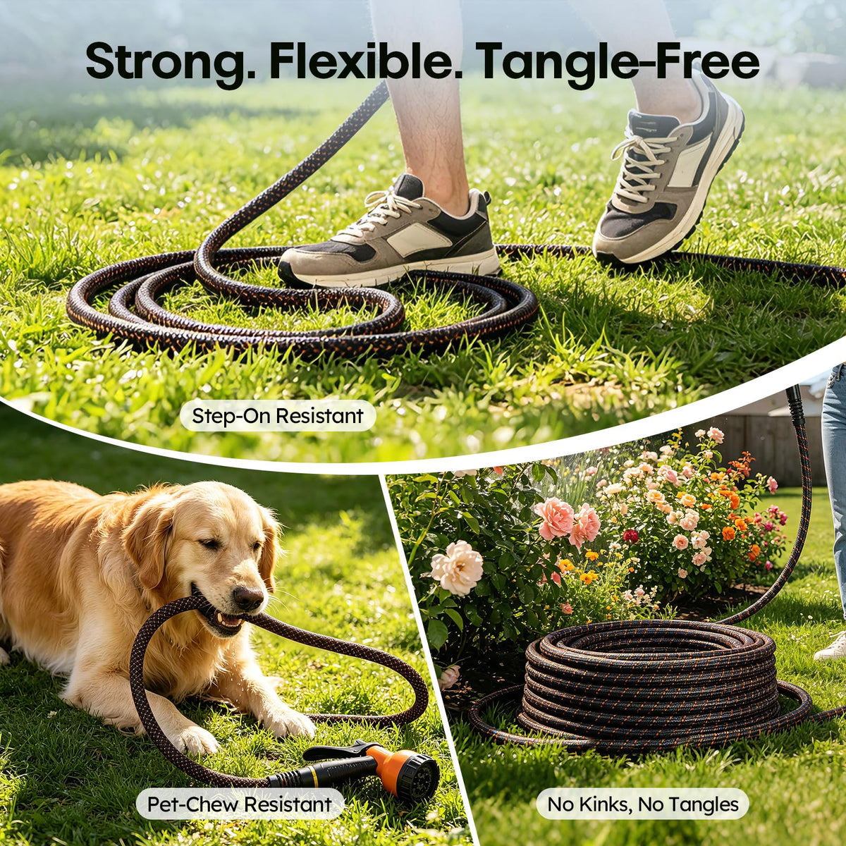 3/4" Flexible Non-Expandable Garden Hose with 10 Function Nozzle, 100ft O786