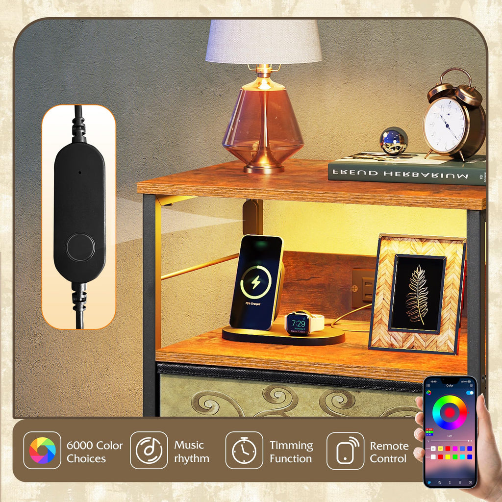Night Stand with Charging Station, 3 Drawer Bedside Table Z9819