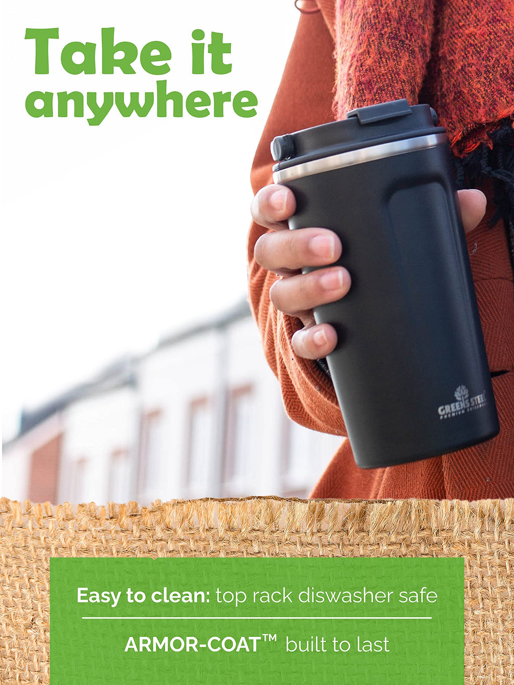 16 oz Black Stainless Steel Insulated Coffee Cup with Lid and Handle D765020