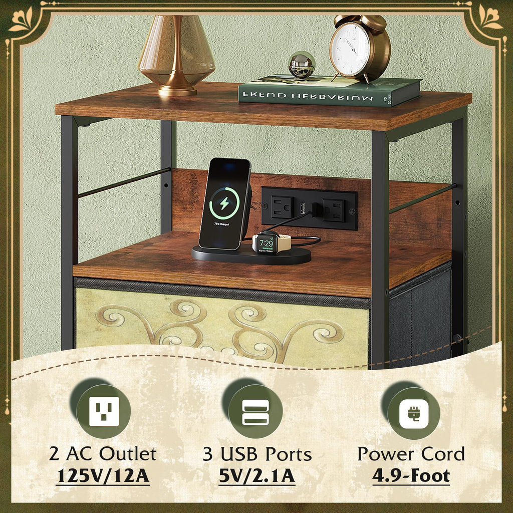 Night Stand with Charging Station, 3 Drawer Bedside Table Z9819