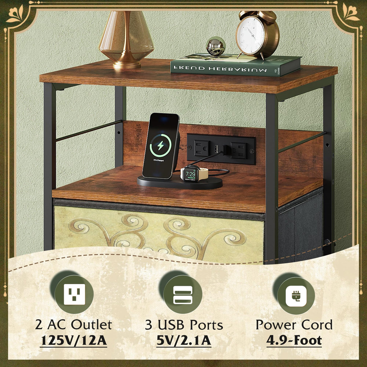 Night Stand with Charging Station, 3 Drawer Bedside Table Z9819