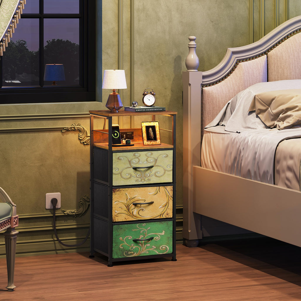 Night Stand with Charging Station, 3 Drawer Bedside Table Z9819