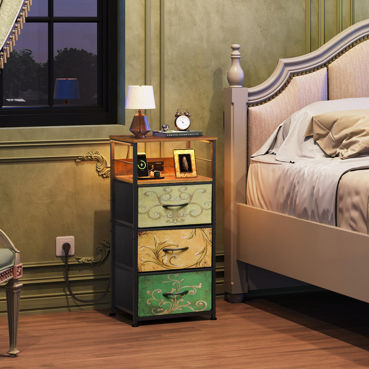 Night Stand with Charging Station, 3 Drawer Bedside Table Z9819