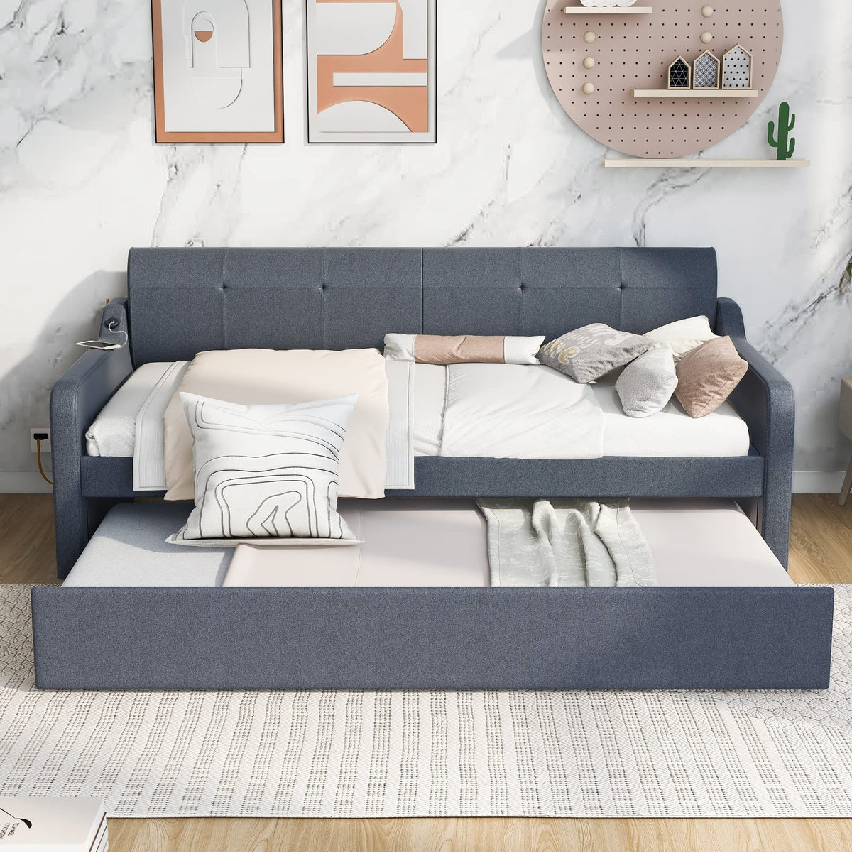 Twin Upholstered Linen Daybed with Pop Up Trundle B180943