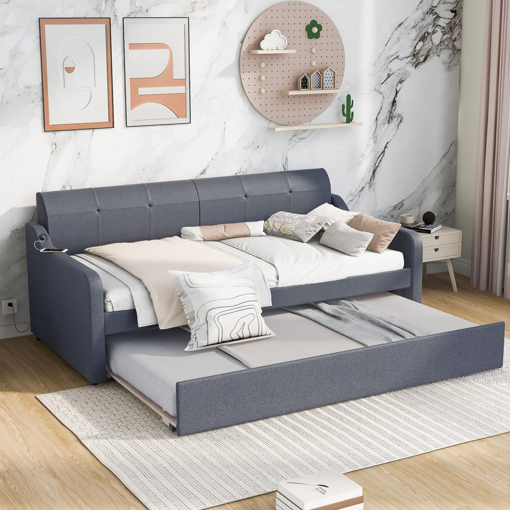 Twin Upholstered Linen Daybed with Pop Up Trundle B180943